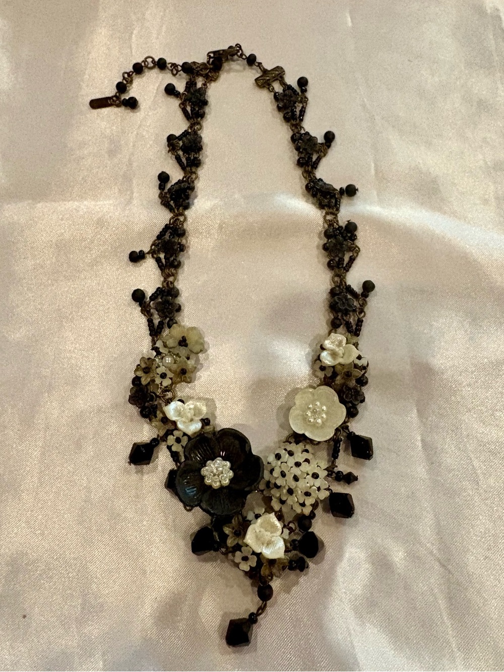 Colleen Toland Black Ivory Floral Beaded Statement Necklace EUC